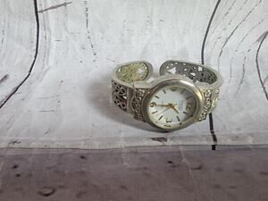 silver-tone Embassy by Gruen watch intricate filigree cuff band Untested READ
